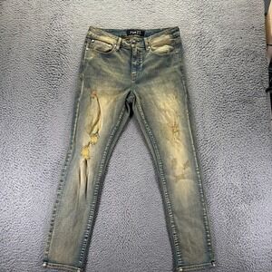 Rue21 Jeans Men 32x30 Blue Cotton Denim Skinny Faded Distressed Workwear Stretch